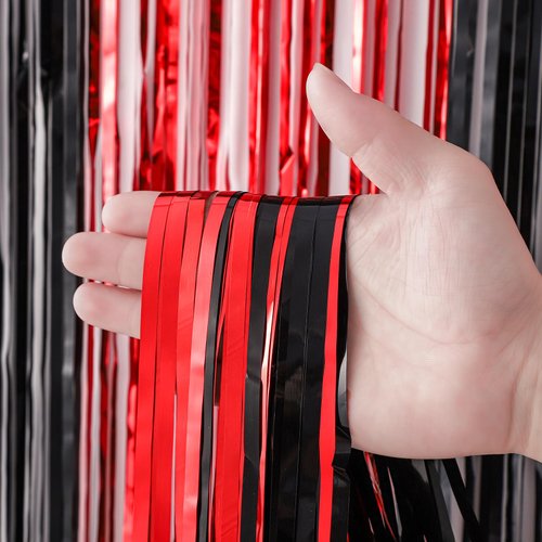 Voircoloria 2 Pack 3.3x8.2 Feet Red and Black Foil Fringe Backdrop Curtains, Tinsel Streamers Birthday Party Decorations, Fringe Backdrop for Graduation, Movie Night, Horror Party