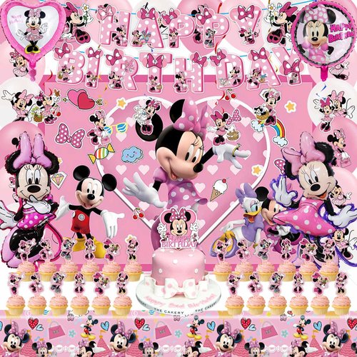 Pink Mouse Birthday Party Supplies, Pink Mouse Birthday Party Decorations Include Banner, Backdrop, Hanging Swirls, Foil Balloons, Cake Toppers, Tablecloth