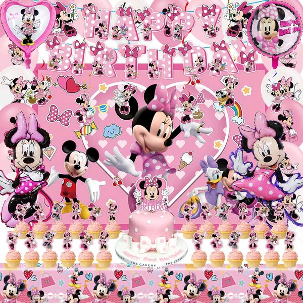 Pink Mouse Birthday Party Supplies, Pink Mouse Birthday Party Decorations Include Banner, Backdrop, Hanging Swirls, Foil Balloons, Cake Toppers, Tablecloth