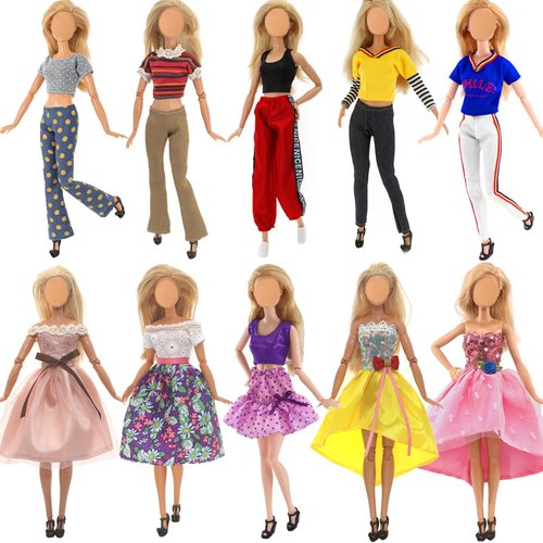 10 Pcs Doll Clothes for 11.5 inch Doll Handmade Casual Wear Including 5 Fashion Tops and Pants Outfits 5 Fashion Dresses in Random Christmas Birthday Present for Girls