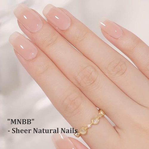 Press On Nails Short, SHOWMORE Nude Sheer Gel Jelly Fake Nails Medium Square Natural Semi-Transparent Glue On Nails False Nails Stick On Nails in 15 Sizes 30 Nail Kit with Glue for Wedding Nails