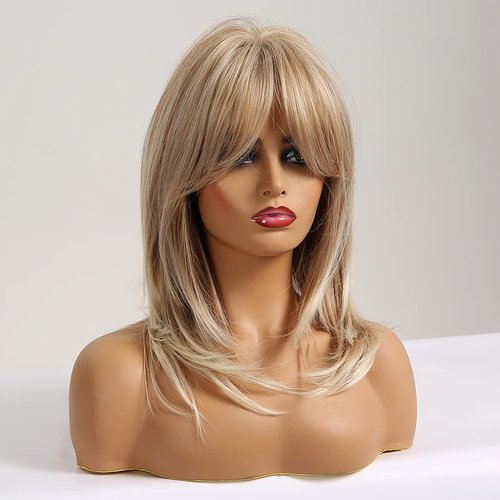 BERON Blonde Women Wigs Long Wig with Bangs 18 Inches Ombre Synthetic Layered Wigs for Daily Used Wigs Wig Cap Included