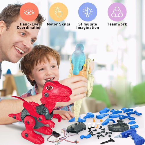 Dinosaur Toys for 6 7 8 9 Years Old Boys, Take Apart Dinosaur Toys for Kids with Electric Drill, STEM Construction Education Building Toy with Led Light Walking Toys Party Birthday Gifts