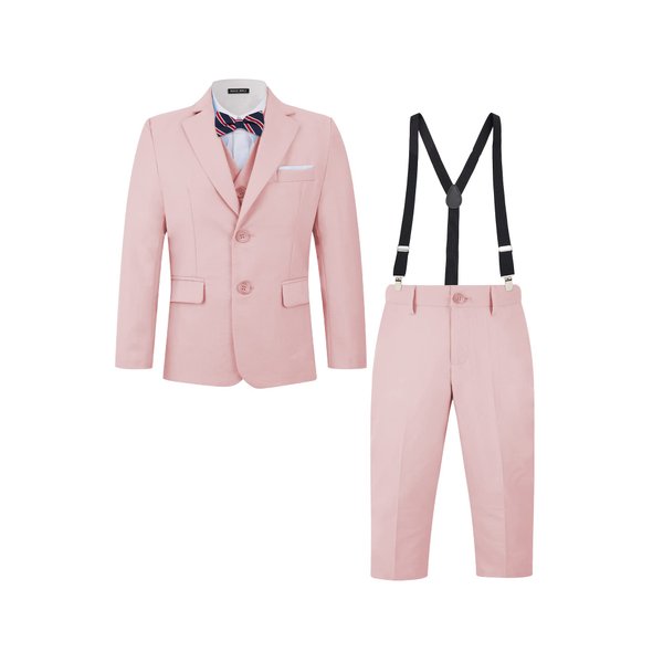 MAGE MALE Boys Multiple Colour Formal Dress Suits 3 Piece Slim Fit Dresswear Suit Set with Kids Suspenders Light Pink