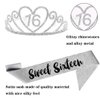 16th Silver Birthday Tiara and Sash Glitter Satin Sash and Crystal Rhinestone Tiara Crown for Happy 16th Birthday Party Supplies Favors Decorations 16th Birthday Party Accessories