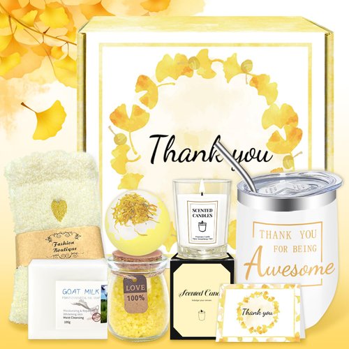 Thank You Gifts for Women, 7 Pcs Relaxing Spa Gifts for Women, Appreciation Gifts for Teacher, Employee, Boss, Mom, Farewell Gifts for Coworkers with Bath Bomb, Candle, 12 Oz Tumbler, Thank You Card