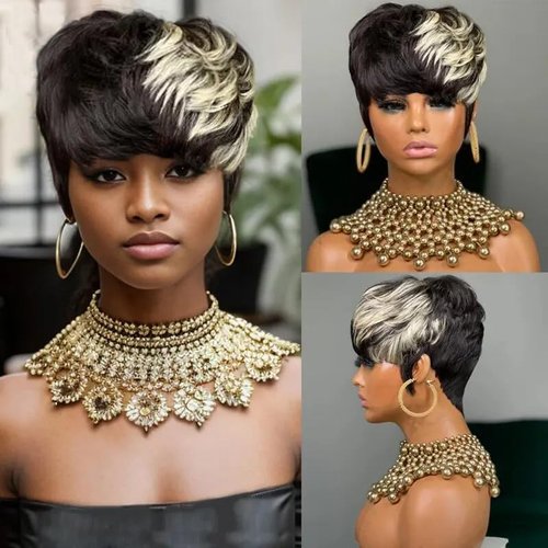 FCHW Short Hair Wigs For Black Women Short Pixie Cut Wig for Black Women Short Hair Bob Wigs With Bangs Wear and Go Pixie Cut Bob Wigs Glueless Wig (21888)