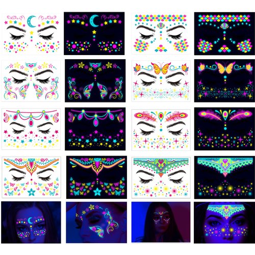 Neon Face Tattoos Glow in The Dark Temporary Tattoos,UV Blacklight Tattoos Stickers Body Face Flowers Butterfly Tattoo for Glow Party Makeup Supplies Favors