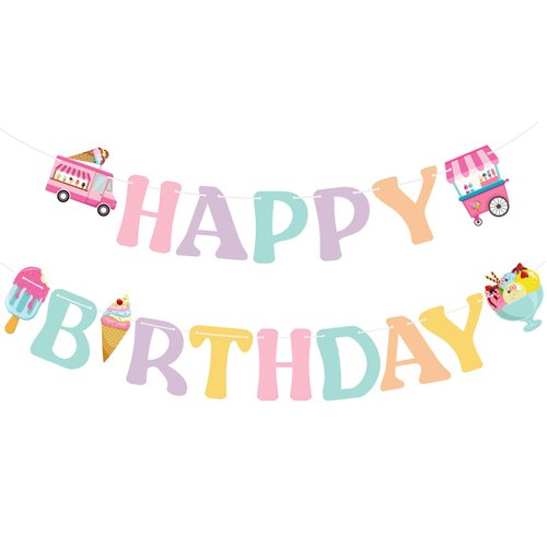 Ice Cream Happy Birthday Banner - Colorful Ice Cream Birthday Party Sign Decorations for Girls Kids Summer Theme Party Supplies