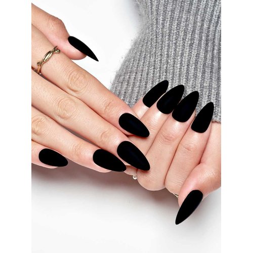 GLAMERMAID Press on Nails Medium Almond, Matte Black Velvet Glue on Gel Nails, 24Pcs Short Stiletto Acrylic False Nails Kits Reusable UV Finish Full Cover Stick on Nails for Women Girls Gifts