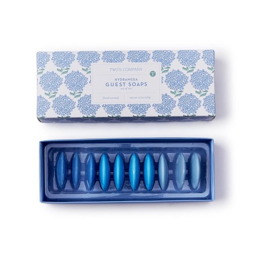 Hydrangea Set of 10 Floral Scented Disc Soaps with Embossed Hydrangea Flower in Gift Box Includes 3 Colors / Scents: Light Blue/Jasmine, Blue/Orchid, Indigo/Lavender - Net Wt. 4.2oz / 120g - Soap