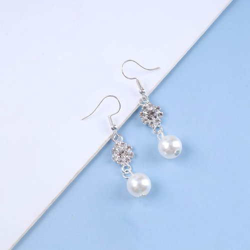 Allereyae Vintage Rhinestone Pearl Drop Earrings Crystal Flower Dangle Earrings Silver Pearl Earring Cz Flower Hook Earrings Jewelry for Women