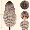 Foufait Ombre Blonde Wig With Bangs Long Wavy Curtain Bangs Wig Synthetic Wigs for Women Curly Wave Wig with Dark Root Daily Party Use (Dirty Blonde)