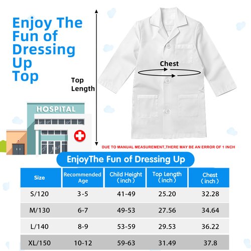 RioRand Kids' Doctor Lab Coat Costume with Accessories Role Play for Boys Girls Playset Nurse Costume Age 3-12 (White, M-130CM/6-7Y)