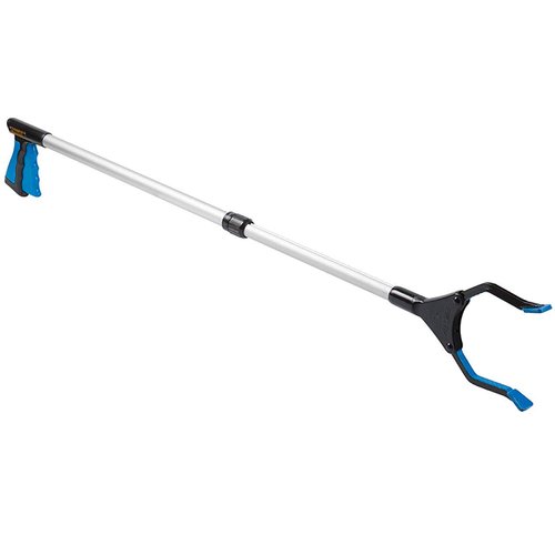 HealthSmart Adjustable Length Reacher Grabber with Rotating Jaw, Contour Grip Handle and 5.5 Inch Jaw Opening, Adjustable Length Design from 30 to 44 Inches with Locking Ring, Blue and Silver