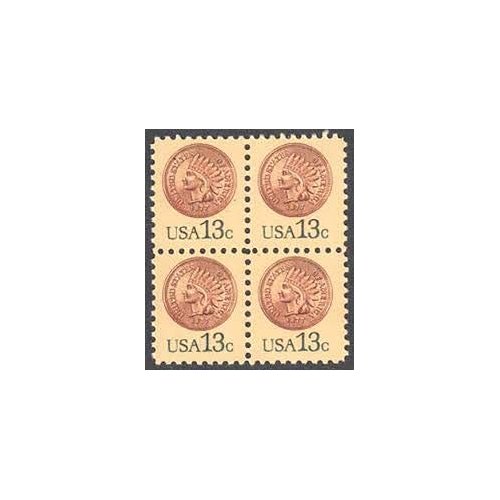 USA 1978 13-Cent Indian Head Penny Block of 4 Postage Stamps, Catalog No 1734