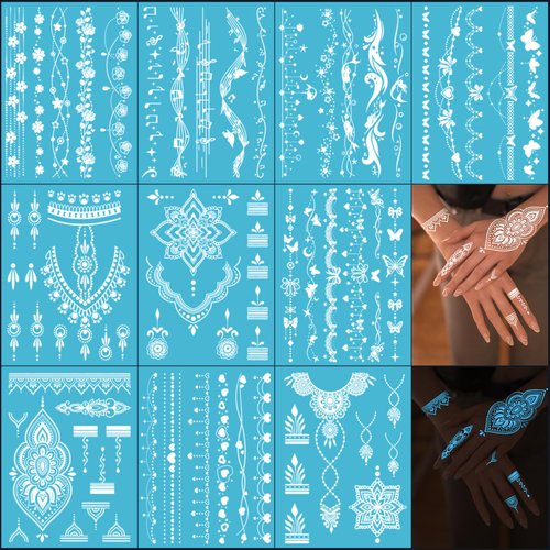 10 Sheets Blue Glow In The Dark Henna Tattoo Kit, Luminous Henna Tattoo Stickers for Women Girls Adults Arm Hands, Wedding Party Festival Glitter Night Tattoos Decorations (Glow Henna Tattoos) 633