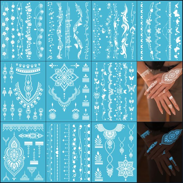 10 Sheets Blue Glow In The Dark Henna Tattoo Kit, Luminous Henna Tattoo Stickers for Women Girls Adults Arm Hands, Wedding Party Festival Glitter Night Tattoos Decorations (Glow Henna Tattoos) 633