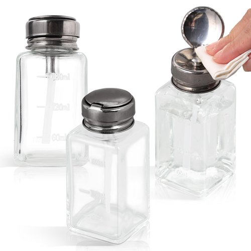 3 Pcs 6 Oz/180 ml Clear Pump Dispenser Bottle, Joengkors Square Glass Liquid Dispensers, Refillable Empty Acetone Push Down Dispenser for Nail Polish Remover Alcohol Makeup Bottles with Flip Cap