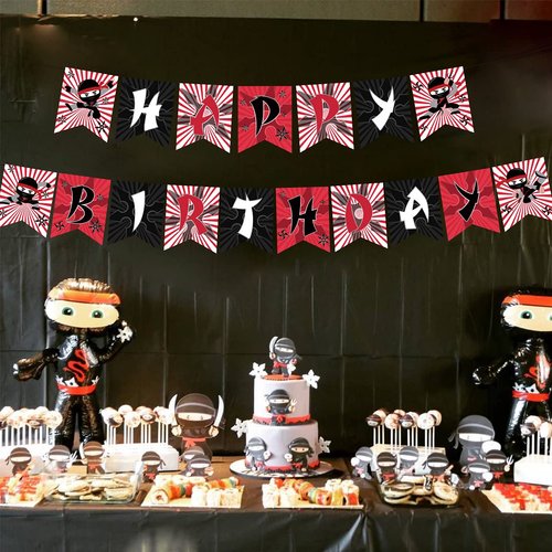 Fangleland Ninja Happy Birthday Banner for Boys Red Black Ninja Warrior Birthday Garland Anime Fans Theme Party Supplies