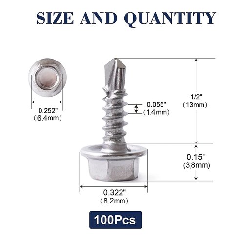 #8 x 1/2" Sheet Metal Screws 100PCS 410 Stainless Steel Hex Washer Head Fast Self Tapping Screws by SG TZH