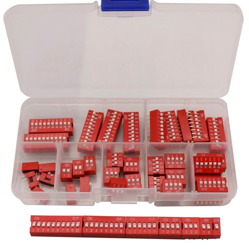 Zovfam Double Row Dip Switch Assorted Kit Box Range 1 2 3 4 6 8 10 Position 2.54mm PCB Mountable On Off Dip DIL Switch,Slide Type Red Toggle Switch for Circuit Breadboards and Arduino 35Pcs