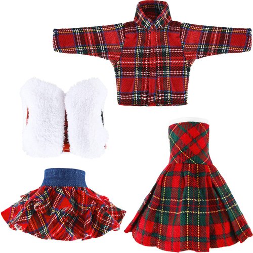 Skylety 4 Pieces Christmas Elf Clothes Accessory Santa Clothing Plaid Doll Dance Skirt T Shirt and Vest Set for Doll Christmas Holiday Decorations