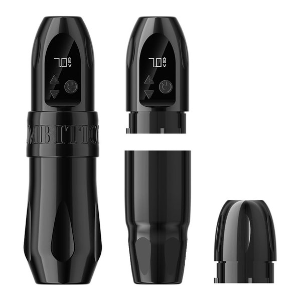 Ambition Troll 1950mAh Wireless Tattoo Machine Kit - Rotary Tattoo Cartridge Pen with Digital LCD Display Custom Coreless Motor Extra Battery & Extra Grip Black