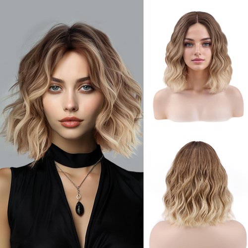 NOSTALGIA Short Ombre Blonde Wigs 14 Inch Wavy Curly Bob Wig Shoulder Length Middle Part Wigs Natural Looking Synthetic Blonde Hair Wigs for Women Daily Party Use
