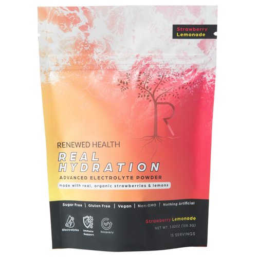 Real Hydration Advanced Electrolyte Powder - Made w/Real Organic Fruits & Pink Salt - Zero Sugar & Vegan - Hydration, Immune & Recovery Support (15 Servings, Strawberry Lemonade)