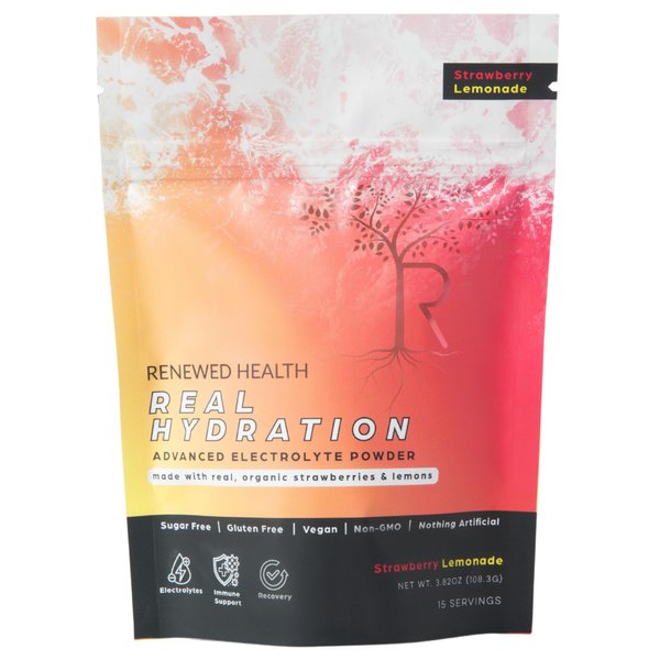 Real Hydration Advanced Electrolyte Powder - Made w/Real Organic Fruits & Pink Salt - Zero Sugar & Vegan - Hydration, Immune & Recovery Support (15 Servings, Strawberry Lemonade)