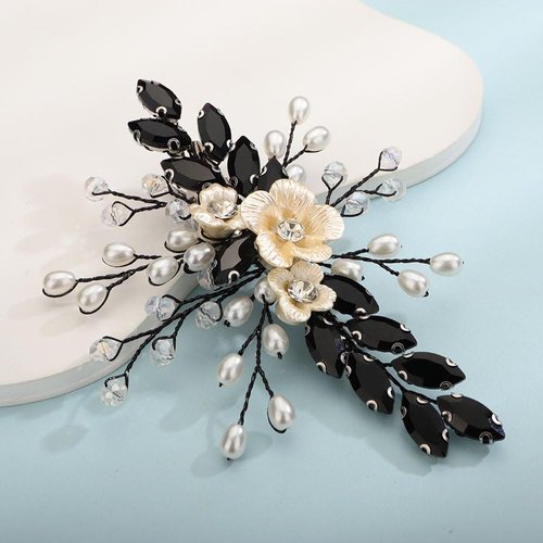 Teyglen Crystal Bridal Hair Clip Wedding Flower Rhinestone Hair Clips Handmade Pearls Crystal Hair Pieces Barrette Wedding Hair Accessories for Bride Floral Black Flower Headpieces for Women Girls