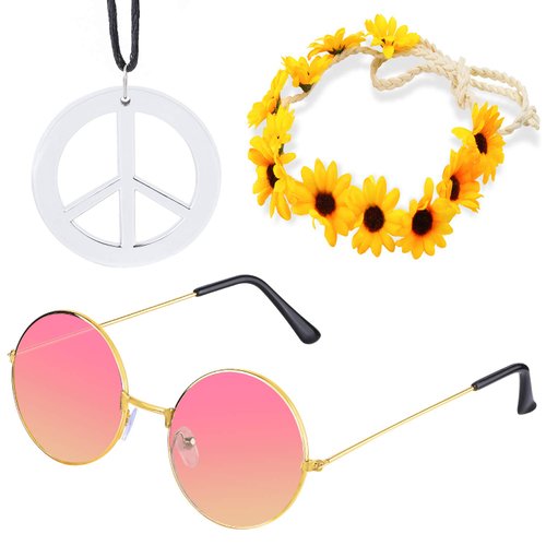 Beelittle Hippie Costume Set - 60's Style Retro Vintage Glasses Peace Sign Necklace Sunflower Crown Hair Band 60s Hippie Dressing Accessory Set (A)
