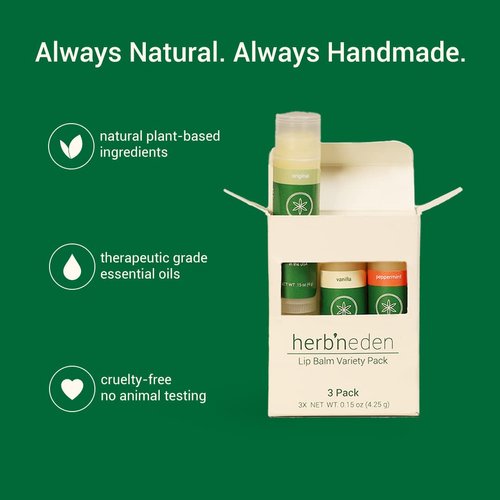 Herb’N Eden Lip Balm Variety Pack of 3 | Moisturizing and Soothing for Dry, Chapped Lips | Vanilla, Peppermint, Unscented | 100% Natural Ingredients | Essential Oils