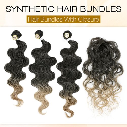 HANNE Synthetic Hair Bundles with Closure Body Wave Hair Extensions 18 20 22 Inch with Lace Closure Heat Resistant Colorful Mixed Blonde Synthetic Bundles