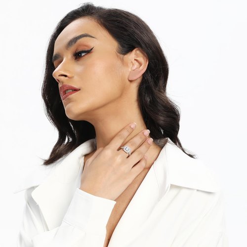 MDFUN 18K White Gold Plated Cubic Zirconia Two-In-One Halo Wedding Engagement Promise Eternity Ring for Women Size 6.5