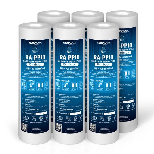 Ronaqua 10 Micron Sediment Water Filter Cartridge 10"x2.5", NSF Certified, 4-Layer Filtration for any 10-inch RO Units & Whole House Systems, Compatible with Culligan P5, AP110, WHKF-GD05, 6 Pack
