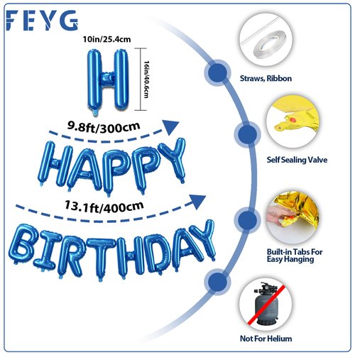 Royal Blue Happy Birthday Balloons Banner,16 Inch 3D Aluminum Foil,Inflatable Reusable Hanging Party Decor,for Women,Men,Kids Boys & Girls Birthday Decorations Party Supplies