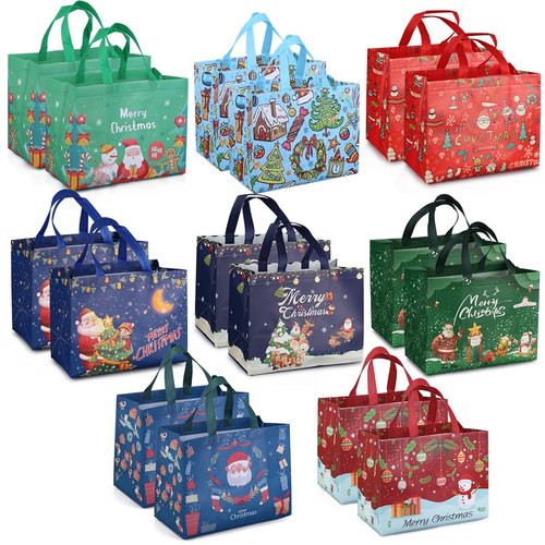 PARSUP 16PCS Christmas Gift Bags,Christmas Tote Bags with Handles, Christmas Treat Bags, Multifunctional Non-Woven Christmas Bags for Gifts Wrapping Shopping, Xmas Party Supplies, 12.8"×9.8"×6.7"