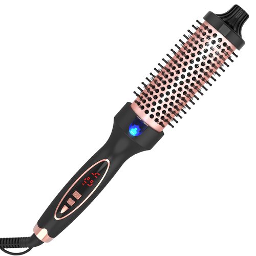 Curling Iron Thermal Brush 1.5 Inch Dual Voltage Travel-Friendly with Digital Display Temperature Ceramic Tourmaline Ionic Quick Heated Round Bush Suitable for Medium and Long Hair (Black and Gold)