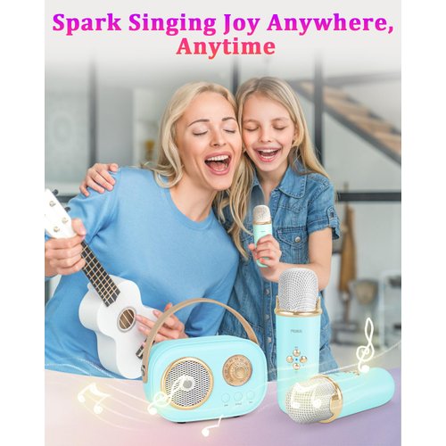Mini Karaoke Machine for Kids&Adults,Portable Bluetooth Speaker with 2 Wireless Microphones and Stereo Sound Enhanced Bass,Gifts for Girl 6 7 8 9 10 11 12 Years Old (Blue)