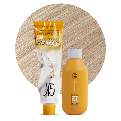GK HAIR Global Keratin Natural 10 Lightest Platinum Blonde Hair Color Cream Tube (3.4 Fl Oz/100ml) + 20 Volume Developer (5 Fl Oz/150ml) - Professional Permanent Long Lasting Toner Dye