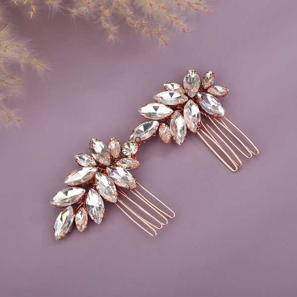 Teyglen Rhinestone Wedding Hair Comb Rose Gold Crystal Headpiece for Bride Wedding Crystal Hair Side Comb Bridal Crystal Hair Piece Rhinestone Hair Accessories for Women Girls (Rose Gold)