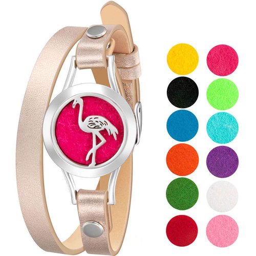 Wild Essentials Flamingo Essential Oil Bracelet Diffuser, Leather Wrap Band, Stainless Steel Locket Pendant, 12 Color Refill Pads, Customizable Color Changing Perfume Jewelry for Aromatherapy