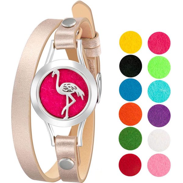 Wild Essentials Flamingo Essential Oil Bracelet Diffuser, Leather Wrap Band, Stainless Steel Locket Pendant, 12 Color Refill Pads, Customizable Color Changing Perfume Jewelry for Aromatherapy