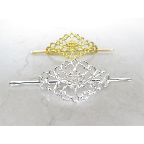 Generic Small gold or silver filigree metal hair slide stick clip barrette (Primary color: Gold), 1 Count (Pack of 1)
