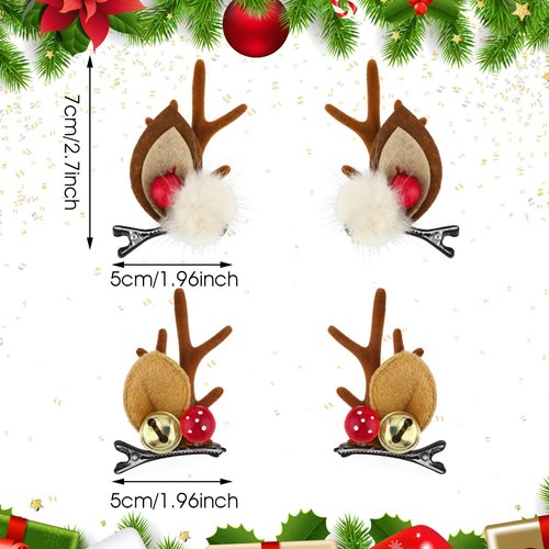 WLLHYF 4PCS Christmas Hair Clip, Cute Xmas Reindeer Antler Hairpin Girl Women Hair Clips Xmas Hair Barrettes with Pom Balls Deer Ear Hair Accessories Festive Party Cosplay Gifts (Coffee)
