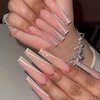 MISUD Long Press on Nails Coffin Fake Nails French Tip False Nails Glitter Glue on Nails Ballerina Acrylic Nails Pink Artificial Nails with Design for Women and Girls 24Pcs