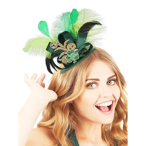 Urieo St Patrick's Day Feather Hat Hair Clips Mini Leprechaun Green Shamrock Hairpin Irish Costume Party Hair Clip Accessories for Women