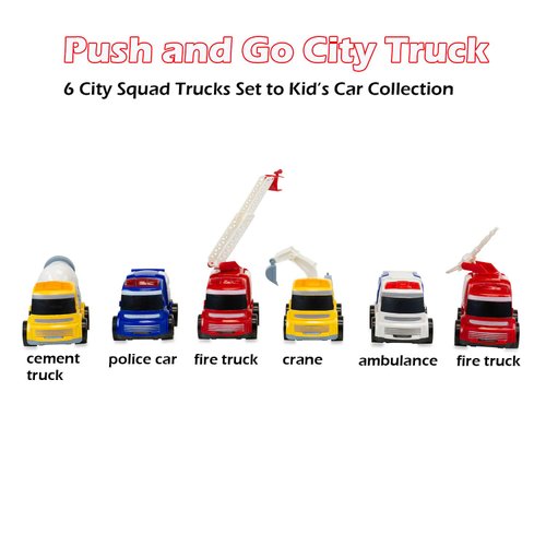 Set of 6 Pullback City Builder Construction Vehicles for Kids, Push and Go City Squad Car Toy, Police Car, Ambulance, Fire Truck, Concrete Mixer Truck, Crane, Excavator